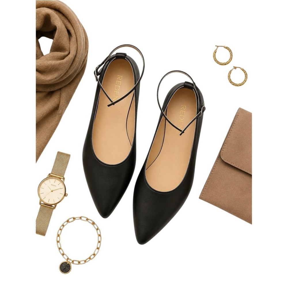 REDEN Black Leather Pointed Toe Ballet Flats EU39.5 Quiet Luxury Chic Parisian